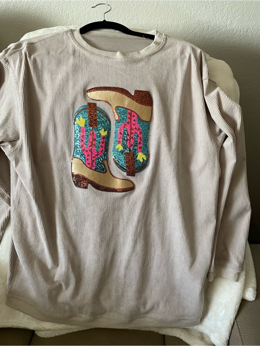 Cream Corduroy oversized shirt with Western Boot Sequin Appliqué